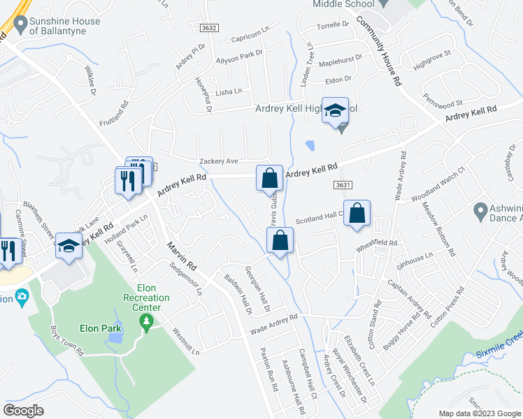 map of restaurants, bars, coffee shops, grocery stores, and more near 9805 Oxford Woods Court in Charlotte