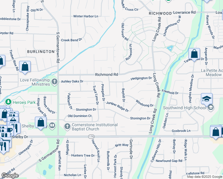 map of restaurants, bars, coffee shops, grocery stores, and more near 4486 Piney Point Drive in Memphis