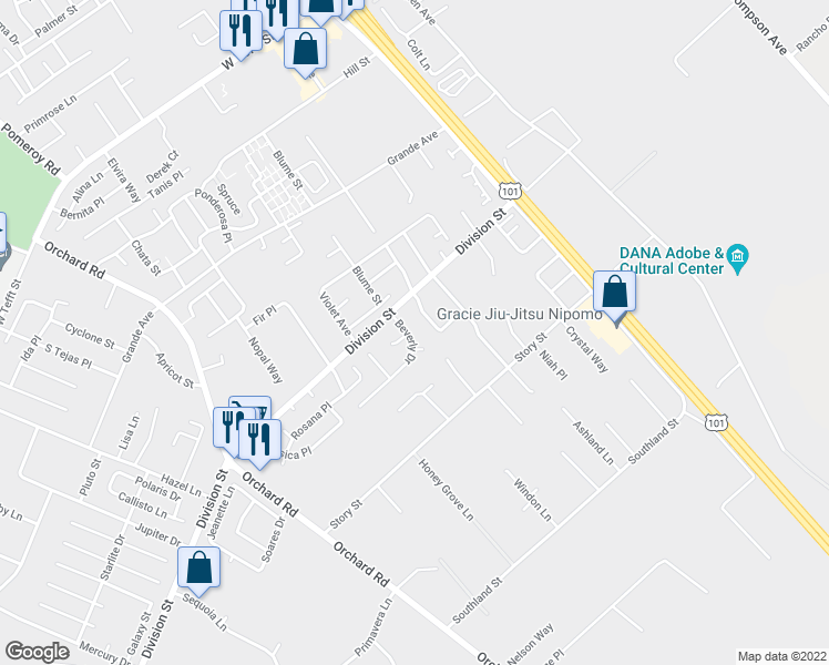 map of restaurants, bars, coffee shops, grocery stores, and more near 563 Beverly Drive in Nipomo