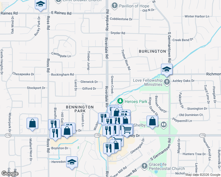 map of restaurants, bars, coffee shops, grocery stores, and more near 4483 Green Creek in Memphis