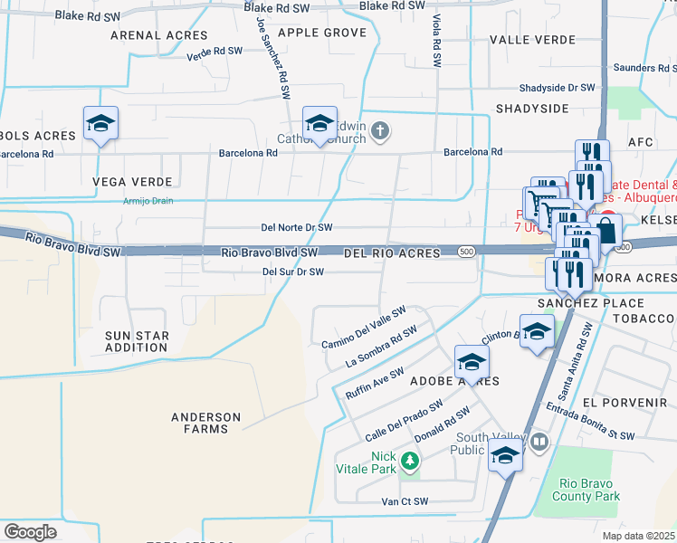 map of restaurants, bars, coffee shops, grocery stores, and more near 2451 Del Sur Drive Southwest in Albuquerque