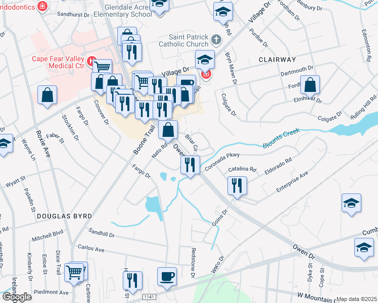 map of restaurants, bars, coffee shops, grocery stores, and more near 29 Briar Circle in Fayetteville