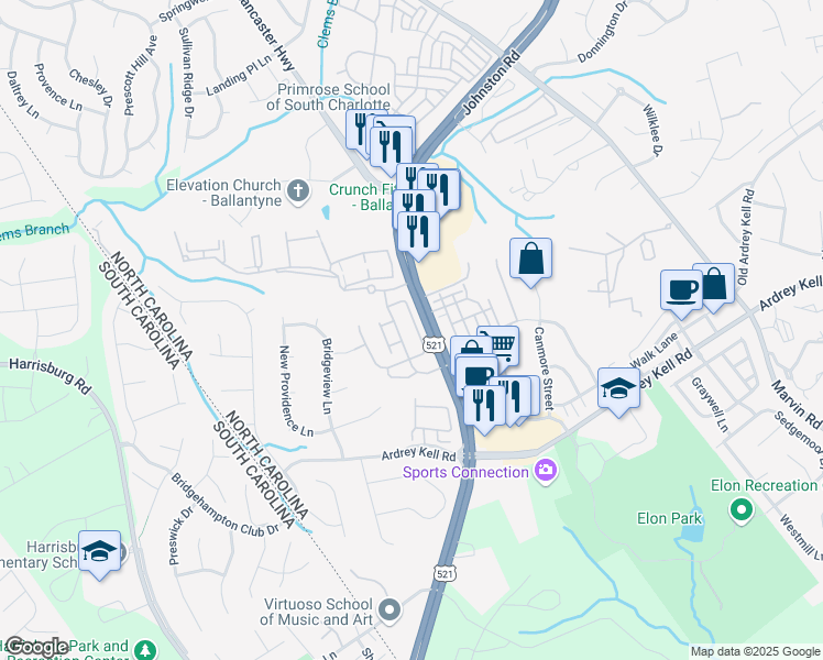 map of restaurants, bars, coffee shops, grocery stores, and more near 12001 Elizabeth Madison Court in Charlotte