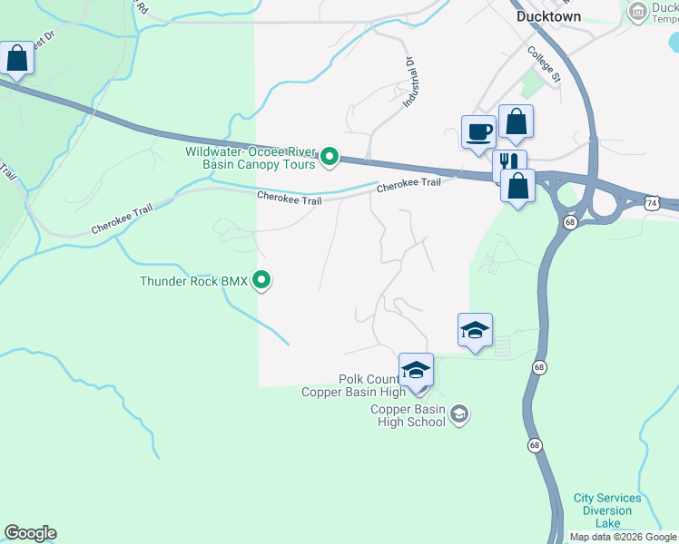 map of restaurants, bars, coffee shops, grocery stores, and more near 137 Pineview Lane in Copperhill