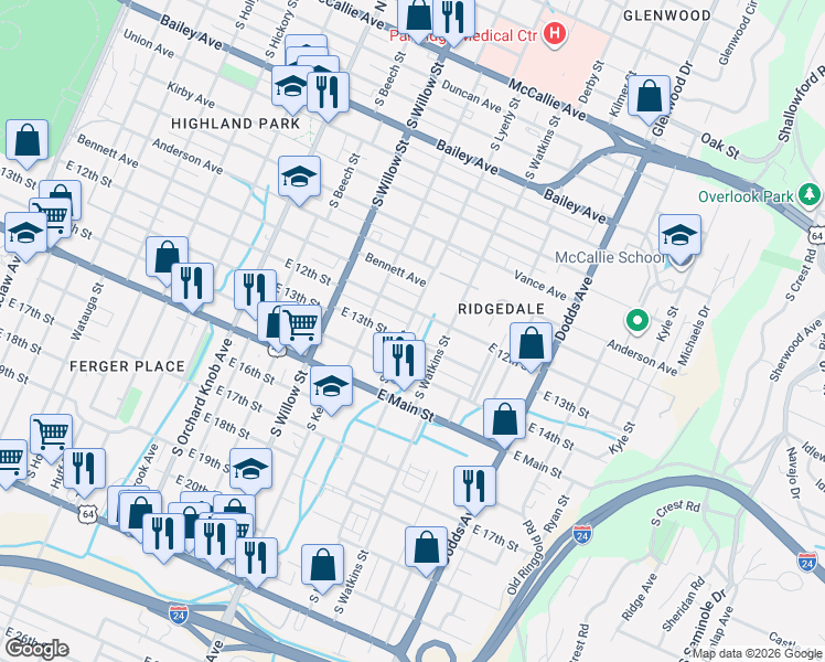 map of restaurants, bars, coffee shops, grocery stores, and more near 2212 East 12th Street in Chattanooga