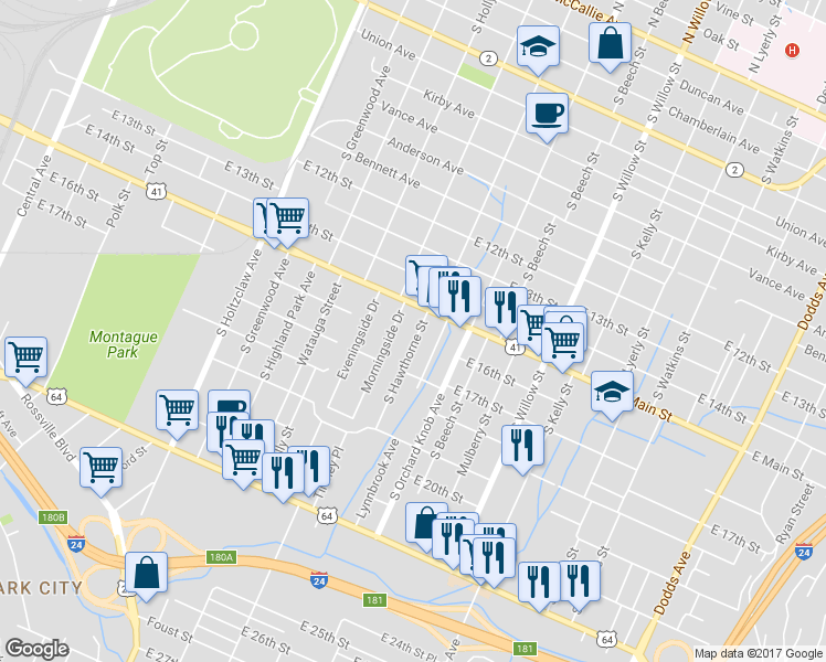map of restaurants, bars, coffee shops, grocery stores, and more near 1511 South Hawthorne Street in Chattanooga