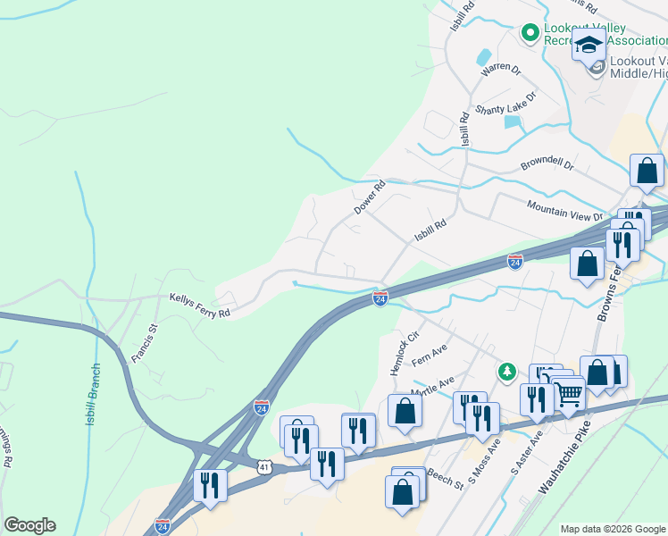 map of restaurants, bars, coffee shops, grocery stores, and more near 110 Dower Road in Chattanooga