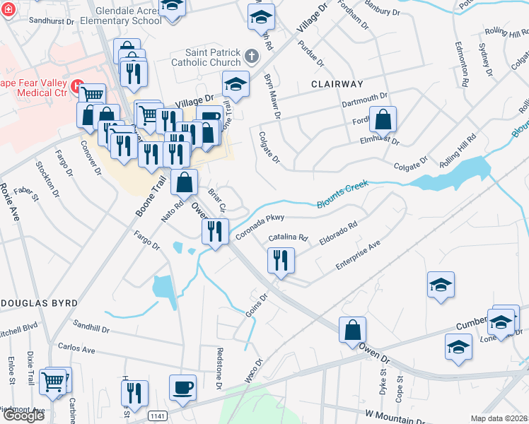 map of restaurants, bars, coffee shops, grocery stores, and more near 2838 Coronada Pkwy in Fayetteville