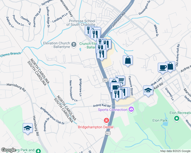 map of restaurants, bars, coffee shops, grocery stores, and more near 9412 Alice McGinn Drive in Charlotte