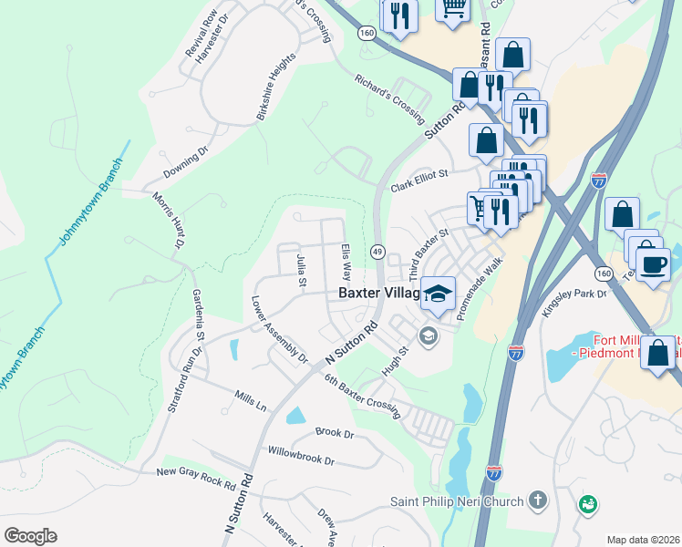 map of restaurants, bars, coffee shops, grocery stores, and more near 337 Elis Way in Fort Mill