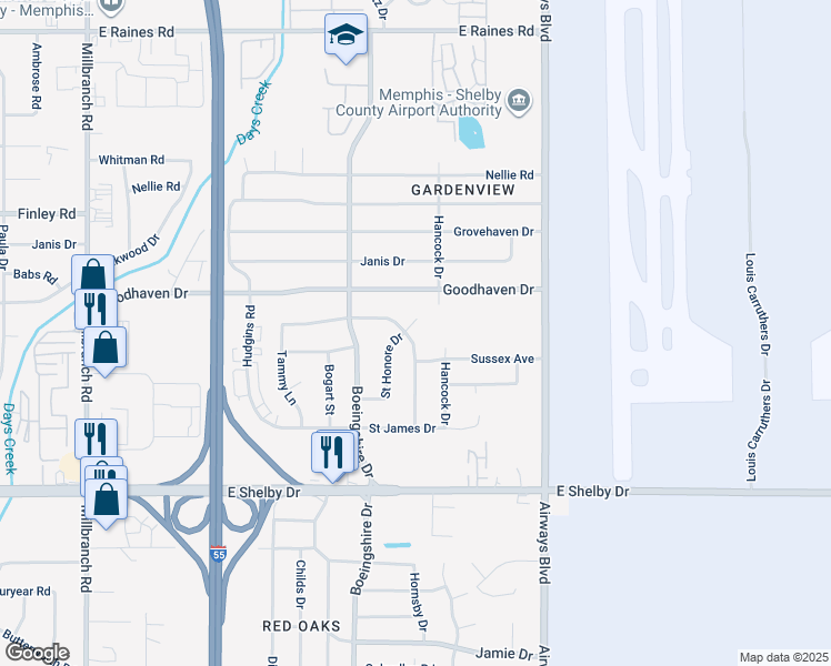 map of restaurants, bars, coffee shops, grocery stores, and more near 4500 Charing Cross Street in Memphis