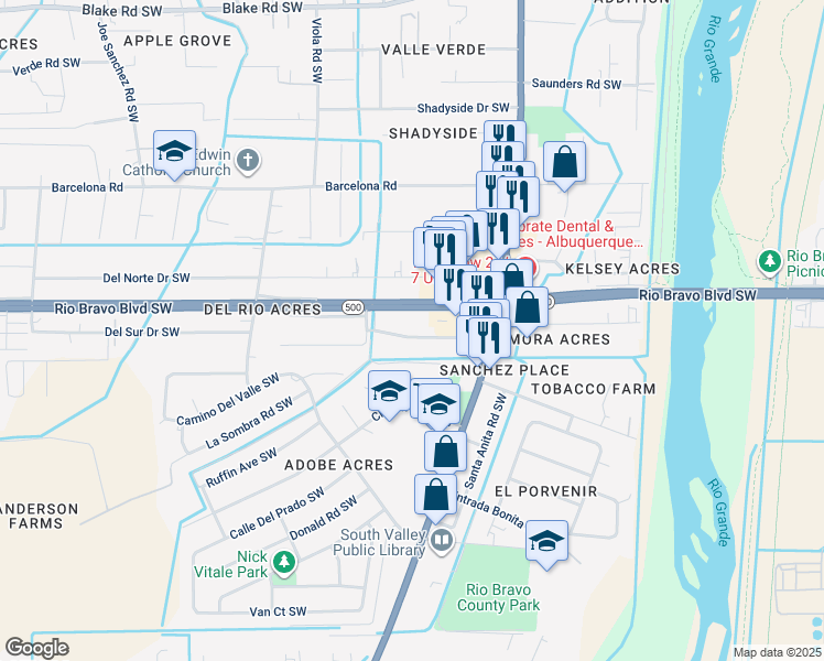 map of restaurants, bars, coffee shops, grocery stores, and more near 1717 Del Sur Drive Southwest in Albuquerque