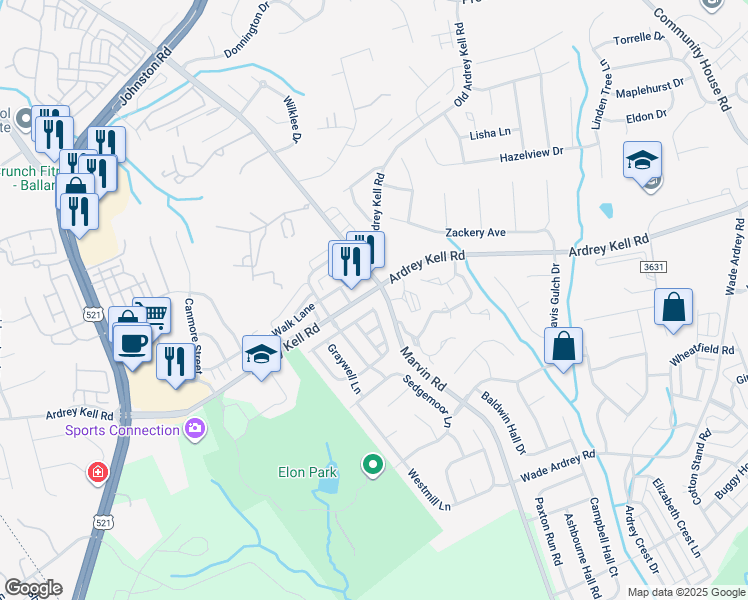map of restaurants, bars, coffee shops, grocery stores, and more near Kettlewell Lane in Charlotte