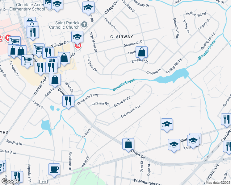 map of restaurants, bars, coffee shops, grocery stores, and more near 2802 Coronada Parkway in Fayetteville