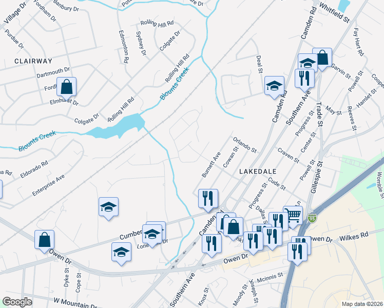 map of restaurants, bars, coffee shops, grocery stores, and more near 2009 Shedd Avenue in Fayetteville