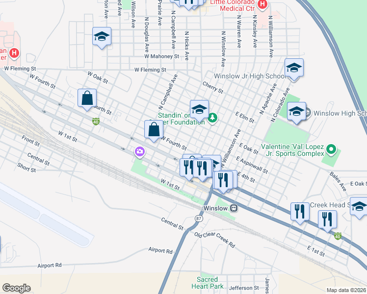 map of restaurants, bars, coffee shops, grocery stores, and more near 322 West 4th Street in Winslow