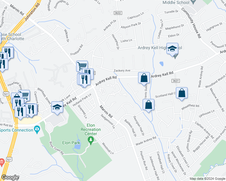 map of restaurants, bars, coffee shops, grocery stores, and more near 16742 Commons Creek Drive in Charlotte