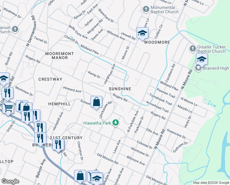 map of restaurants, bars, coffee shops, grocery stores, and more near 4502 Kemp Drive in Chattanooga