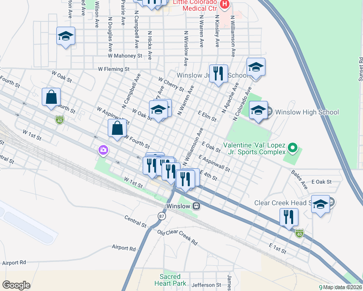 map of restaurants, bars, coffee shops, grocery stores, and more near 112 West Aspinwall Street in Winslow