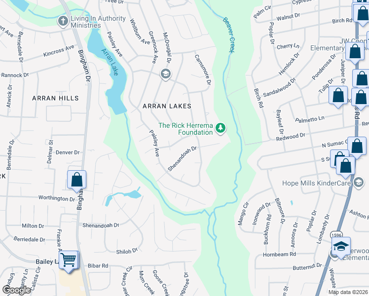 map of restaurants, bars, coffee shops, grocery stores, and more near 5615 Lawnwood Drive in Fayetteville