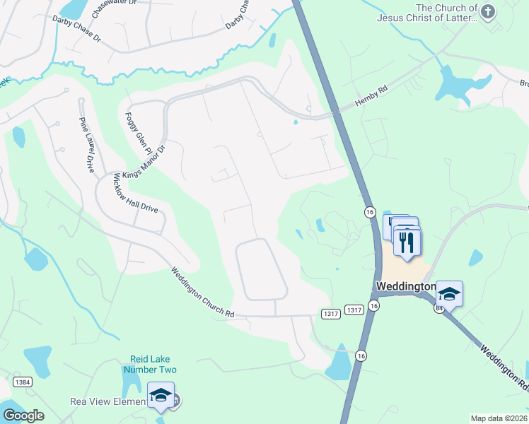 map of restaurants, bars, coffee shops, grocery stores, and more near 130 Valley Glen Drive in Waxhaw