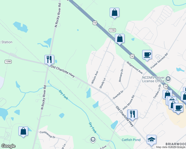map of restaurants, bars, coffee shops, grocery stores, and more near 3412 Old Charlotte Highway in Monroe