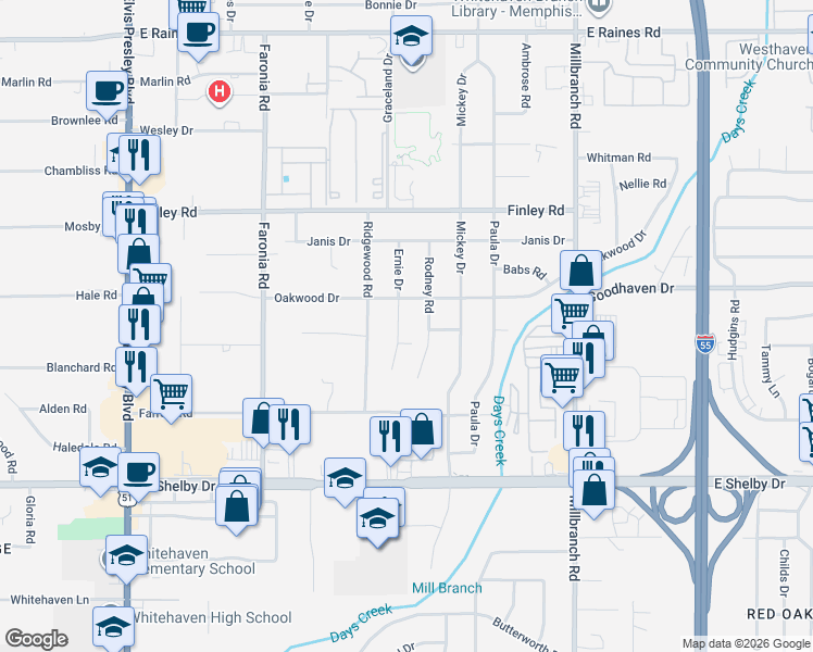map of restaurants, bars, coffee shops, grocery stores, and more near 4481 Rodney Road in Memphis