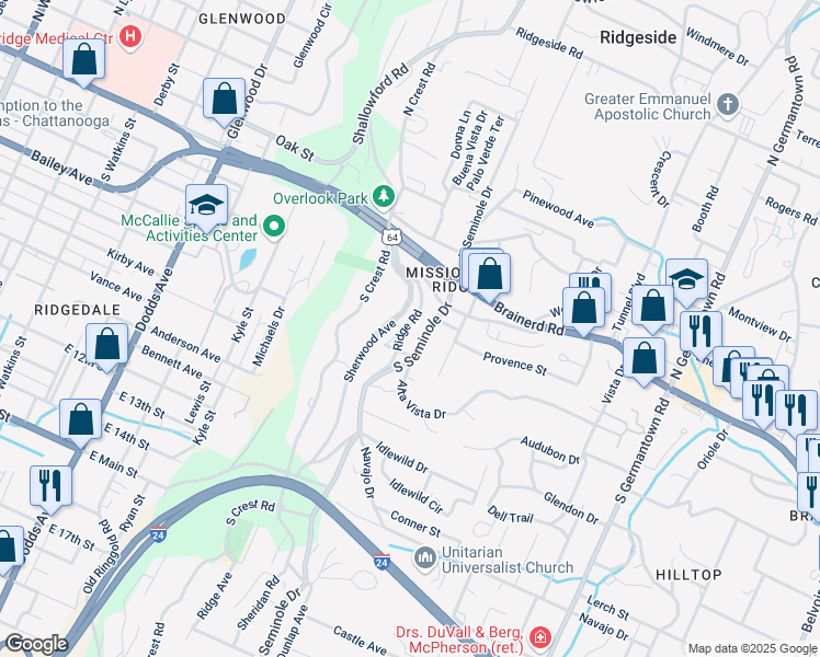 map of restaurants, bars, coffee shops, grocery stores, and more near 110 Sherwood Avenue in Chattanooga