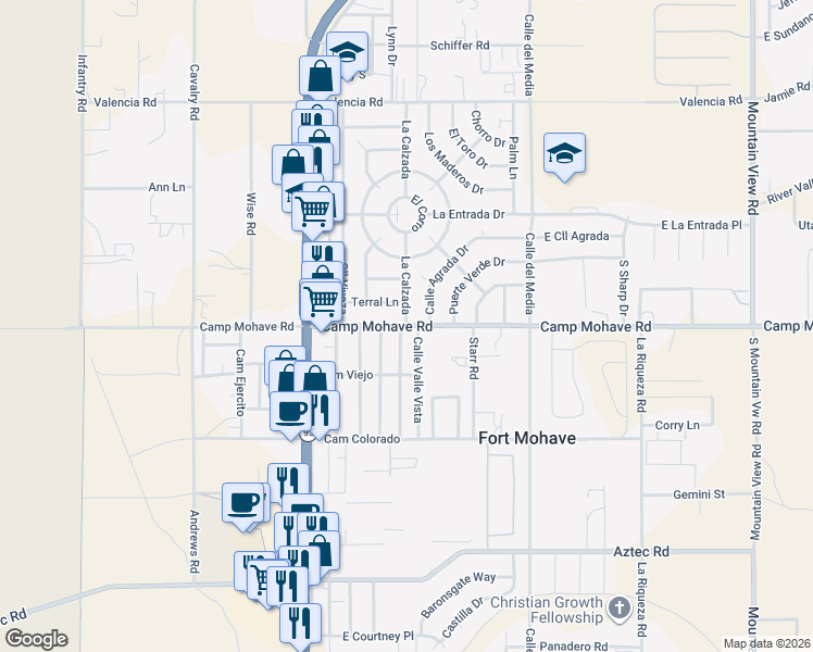 map of restaurants, bars, coffee shops, grocery stores, and more near 4498 La Calzada in Fort Mohave