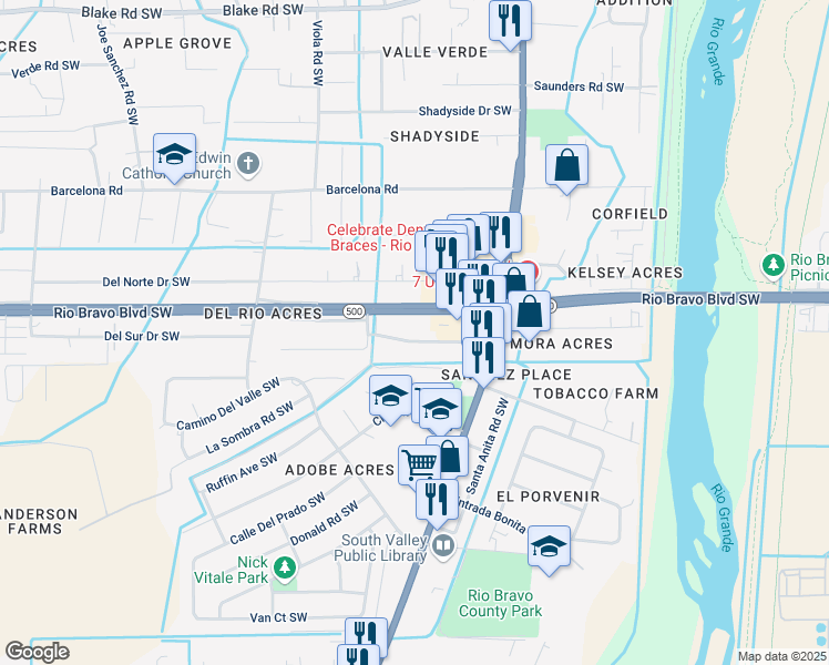 map of restaurants, bars, coffee shops, grocery stores, and more near 1714 Rio Bravo Boulevard Southwest in Albuquerque