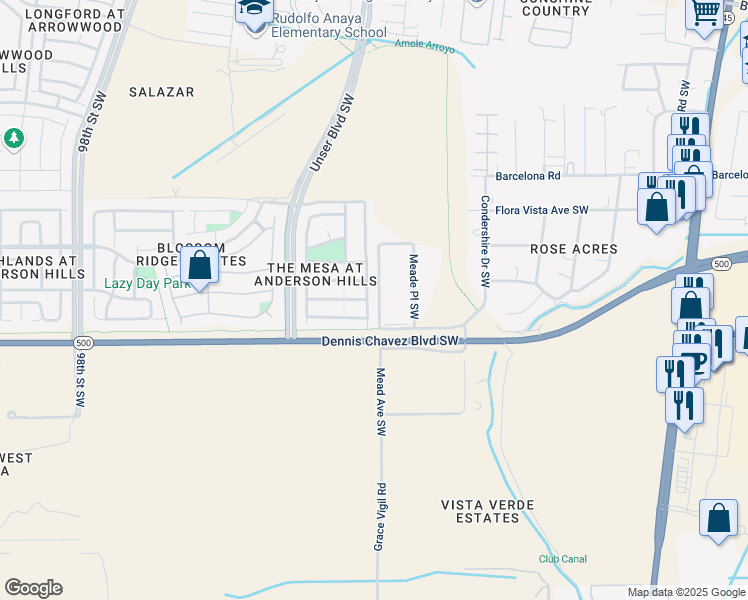 map of restaurants, bars, coffee shops, grocery stores, and more near 3305 Mata Ortiz Drive Southwest in Albuquerque
