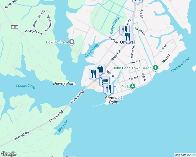 map of restaurants, bars, coffee shops, grocery stores, and more near 304 Broad Street in Oriental