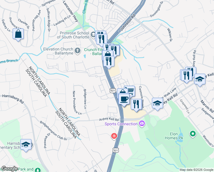 map of restaurants, bars, coffee shops, grocery stores, and more near 12001 Elizabeth Madison Court in Charlotte