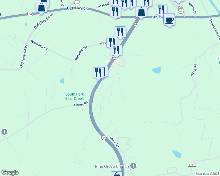 map of restaurants, bars, coffee shops, grocery stores, and more near 98 Mockingbird Lane in Hayesville