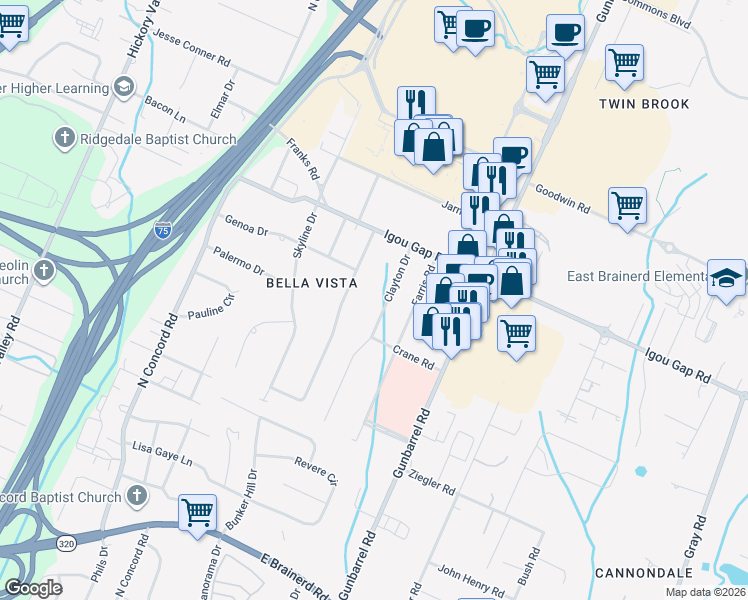 map of restaurants, bars, coffee shops, grocery stores, and more near 1742 Verona Drive in Chattanooga