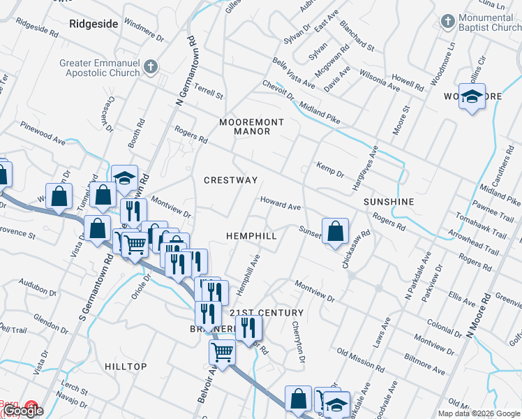 map of restaurants, bars, coffee shops, grocery stores, and more near 3900 Howard Avenue in Chattanooga