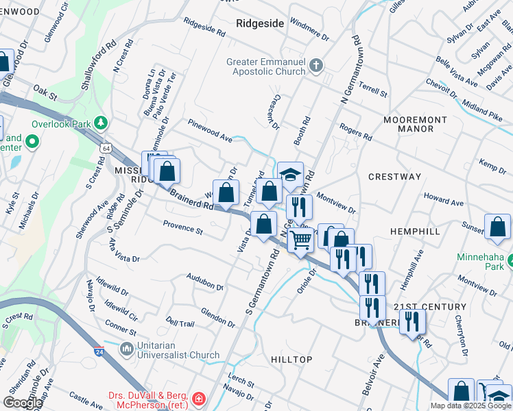 map of restaurants, bars, coffee shops, grocery stores, and more near 18 Tunnel Boulevard in Chattanooga