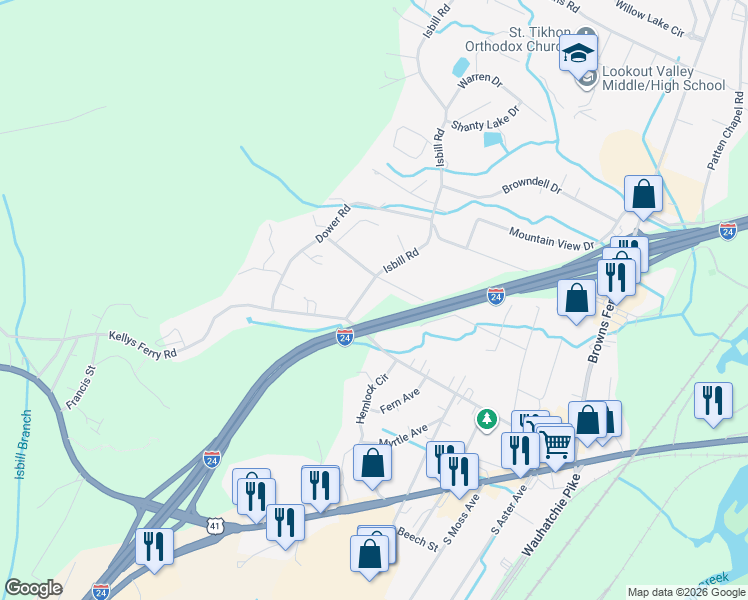 map of restaurants, bars, coffee shops, grocery stores, and more near 130 Isbill Road in Chattanooga
