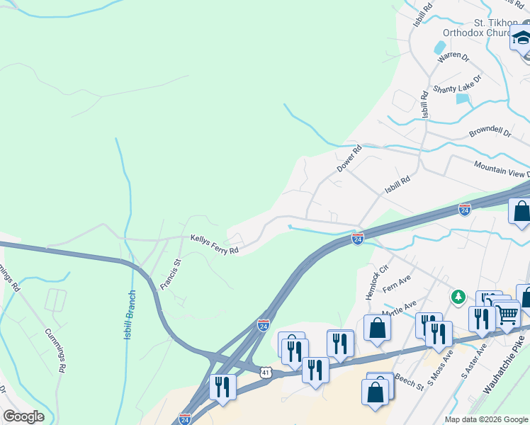 map of restaurants, bars, coffee shops, grocery stores, and more near 3823 Kellys Ferry Road in Chattanooga