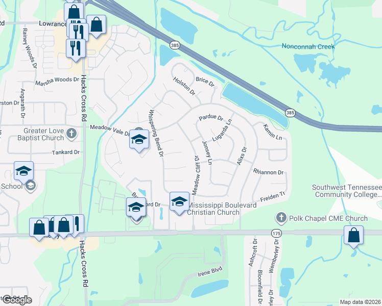 map of restaurants, bars, coffee shops, grocery stores, and more near 4457 Meadow Cliff Drive in Memphis