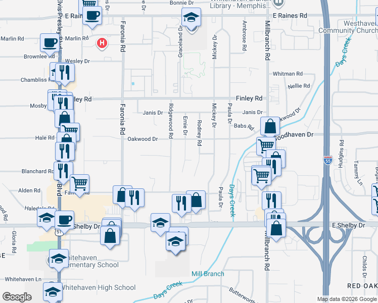 map of restaurants, bars, coffee shops, grocery stores, and more near 4481 Rodney Road in Memphis