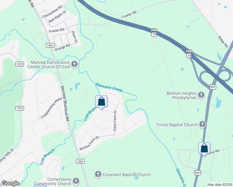 map of restaurants, bars, coffee shops, grocery stores, and more near 3028 Dairy Farm Drive in Monroe