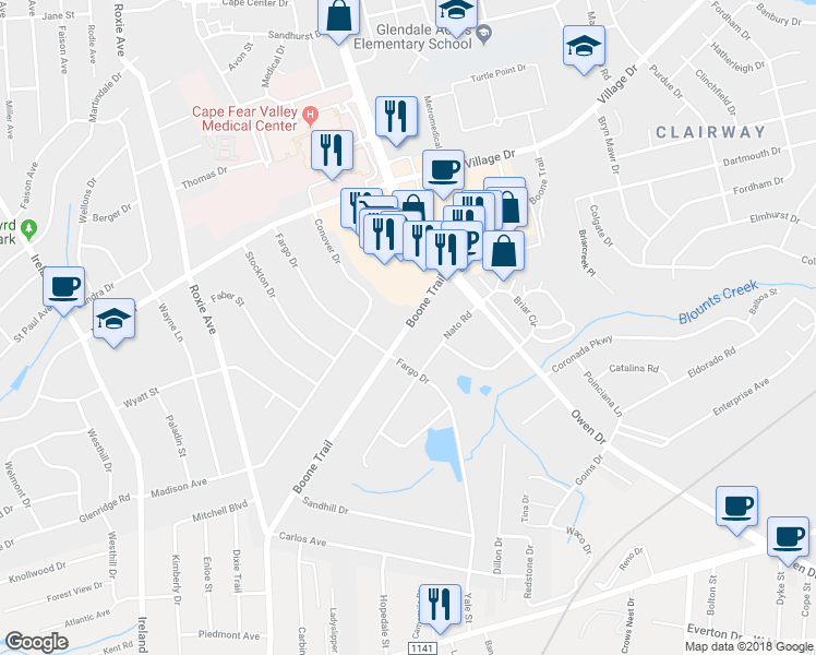 map of restaurants, bars, coffee shops, grocery stores, and more near 3202 Boone Trail in Fayetteville