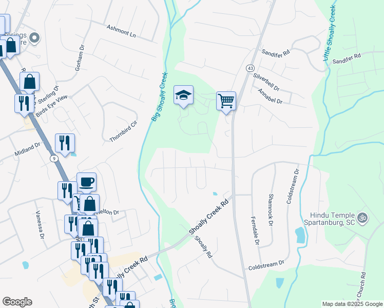 map of restaurants, bars, coffee shops, grocery stores, and more near 529 Tilgate Court in Boiling Springs