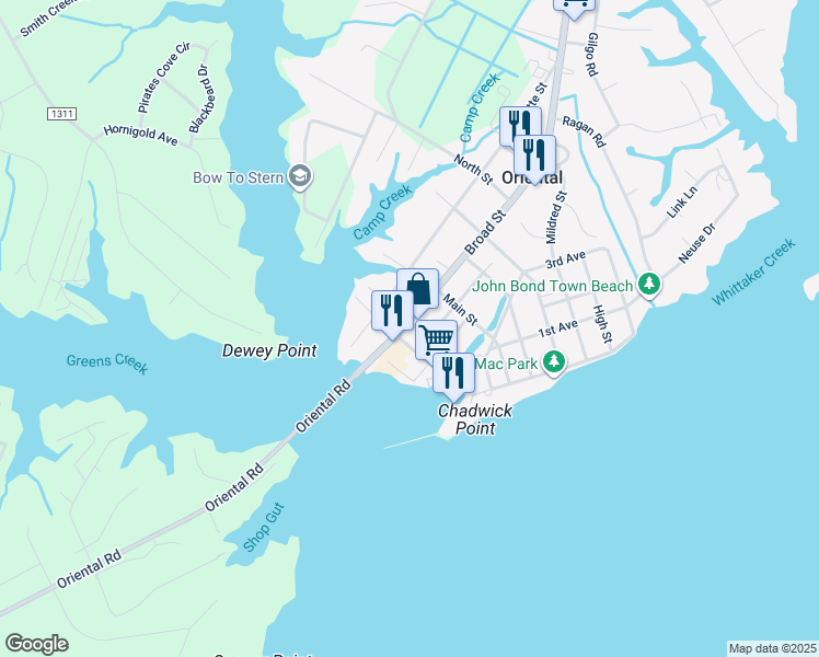map of restaurants, bars, coffee shops, grocery stores, and more near 304 Broad Street in Oriental