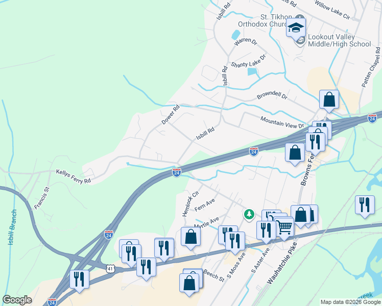 map of restaurants, bars, coffee shops, grocery stores, and more near 130 Isbill Road in Chattanooga