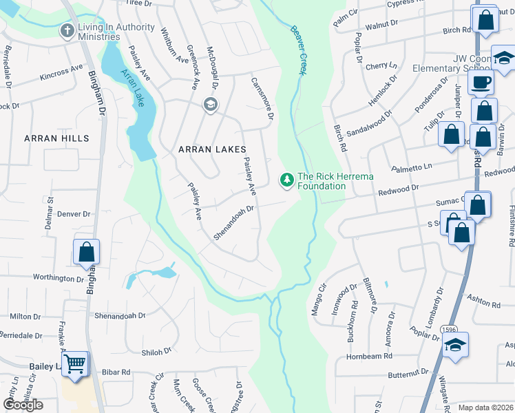 map of restaurants, bars, coffee shops, grocery stores, and more near 1901 Paisley Avenue in Fayetteville