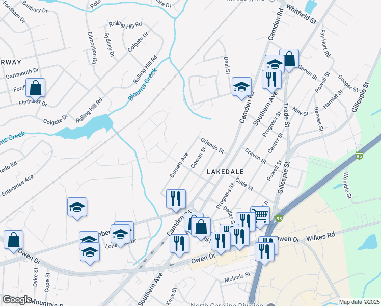 map of restaurants, bars, coffee shops, grocery stores, and more near 1919 Burnett Avenue in Fayetteville