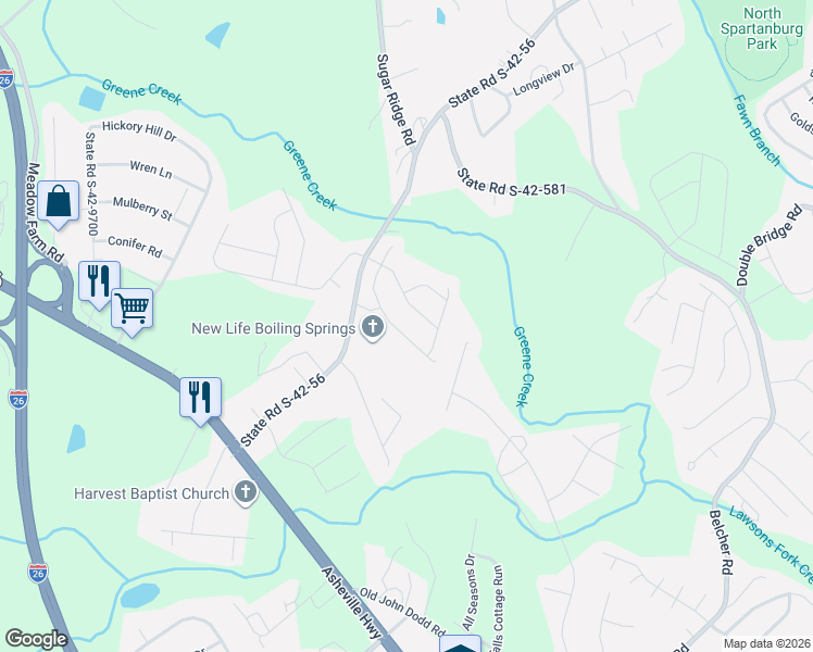 map of restaurants, bars, coffee shops, grocery stores, and more near 660 Ivywood Place in Boiling Springs