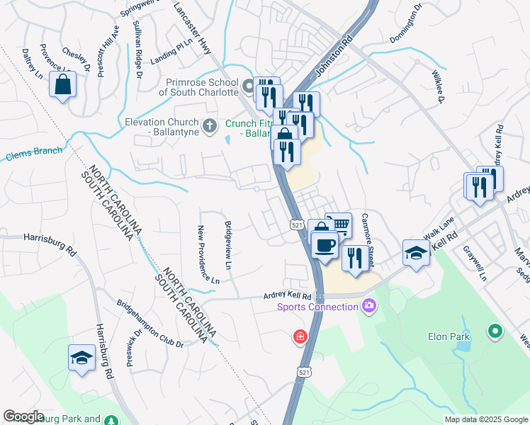 map of restaurants, bars, coffee shops, grocery stores, and more near 16204 Murphey Trail Lane in Charlotte
